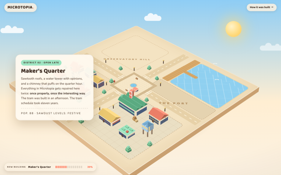 Pass 2: the full city built at mid-scroll with story card