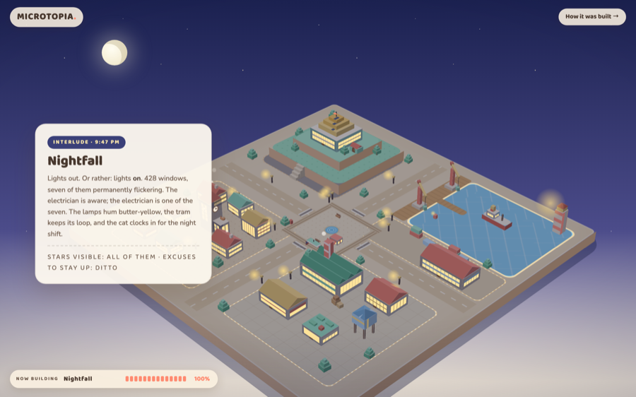 Pass 3: nightfall over the finished city